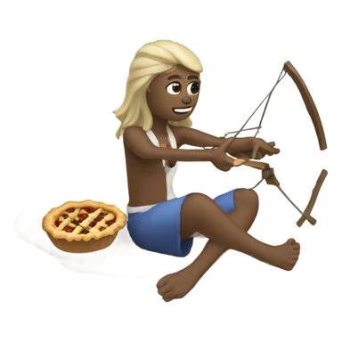 An emoji with a background of a New Zealand beach in summer with a pohutakawa tree and New Zealand native beach, there's a someone eating a pie on the beach holding a crossbow and arrow sticker