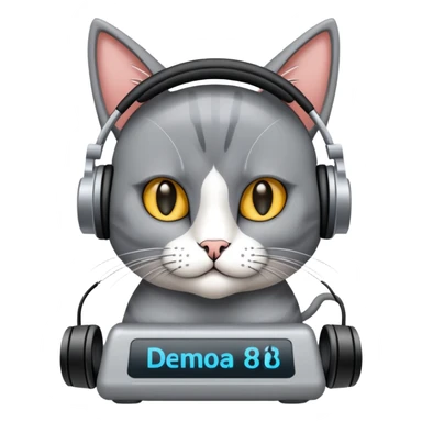 Gato persa gris con audífonos y detrás de él un cartel con el nombre PRIMERA 88.3FM sticker