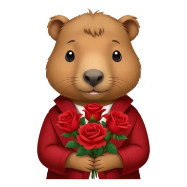 Cute capypara with sad puppy dog eyes holding roses  sticker