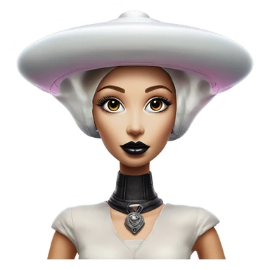 Wholesome UFO alien in Barbie style, oil paint, black eyes, intricate lips, masterpiece portrait, beautiful, desirable, logical, love, peace, understanding sticker