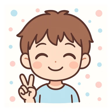 anime themed emoji of a boy, smiling, closed eyes, peace sign hand, friendly mood sticker