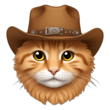 pure orange small chubby hairy bobtail cat while wearing a brown cowboy hat sticker