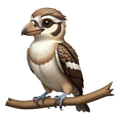 cinematic-kookaburra-realistic-full-body-perched-emoji,-compact-sturdy-frame-balanced-on-a-weathered-branch,-brown-and-white-feathered-wings-folded-neatly,-bold-striped-face-with-a-mischievous-glint-in-its-eye,-massive-sharp-beak-slightly-open-as-if-ready-to-laugh,-simplified-yet-realistic-focused-features,-highly-detailed,-glowing-with-a-warm-golden-light sticker