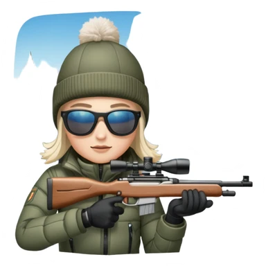 An icon showing a snowy landscape with pine trees, mountains and a clear sky with a biathlete aiming a rifle in the foreground, wearing winter gear and skis. Transparent background emphasizes the precision, endurance, and beauty of this winter sport. sticker