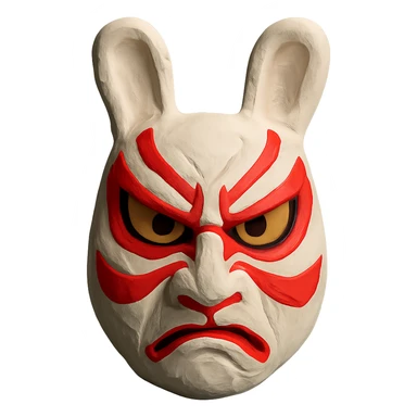 stylized usagi rabbit kabuki mask, red and white, angry expression, matte finish sticker
