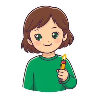 Very happy Girl with brown hair and green eyes with a lighter  sticker