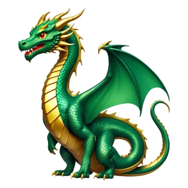 cinematic-noble-dragon-full body-emoji,-poised-and-majestic,-with-a-sinuous,-elongated-build-and-shimmering,-scale-covered-skin-in-hues-of-emerald-and-gold,-piercing,-fiery-eyes,-simplified-yet-sharp-and-sophisticated-features,-highly-detailed, zoomed out showing the serpentine body sticker