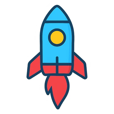 colorful rocket icon with blue body and red flames, modern color icon style sticker