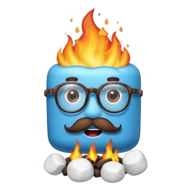 blue marshmallow on fire, surprised with mustache and glassess, just marshmallow sticker