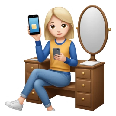 Girl sitting at vanity taking out picture with iphone 15 plus and study materials on the vanity sticker