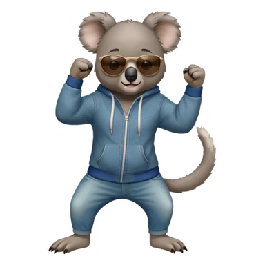 anthropomorphised koala, full body, wearing a hoodie and jeans, dark sunglasses, shaking fist in a different pose sticker