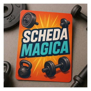 realistic gym workout plan card with the text 'scheda magica' in a modern energetic font, vibrant colors, sports details like weights and dumbbells, motivational style sticker