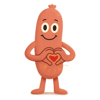 a smiling sausage-shaped humanoid with a pinkish-orange body, simple arms and legs, big eyes, and a happy smile. Its hands form a heart shape in front of its chest, radiating warmth and affection sticker