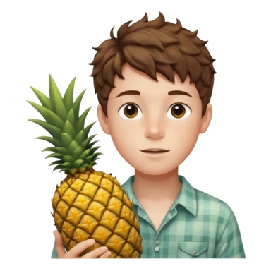 Pale young teenage boy with short wavy brown hair holding pineapple sticker