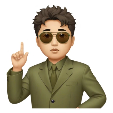 Messy haired Kim Jung Il directs a movie wearing olive mao suit and large sunglasses sticker