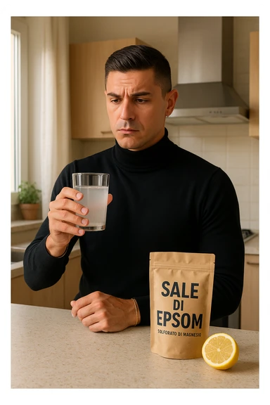 A realistic, bright photo-style image of a young man in his 30s standing in his kitchen, holding a clear glass filled with water in which Epsom salt (magnesium sulfate) has been dissolved. He looks focused but slightly uncertain as he prepares to drink it for a liver flush or digestive cleanse. The glass shows slight cloudiness from the dissolved salt. On the counter are a packet labeled 'Sale di Epsom' and a sliced lemon, suggesting he might use it to mask the taste. The setting is clean, natural, and bright with neutral tones. The background shows sunlight streaming through a window, emphasizing a clean, minimalist health-focused environment. The mood conveys a realistic, calm moment of self-care with a hint of discomfort, illustrating a natural detox practice in italiano sticker