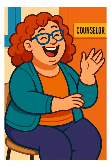 fun high school female counselor, curly red shoulder-length hair, blue glasses, overweight, laughing, friendly vibe, casual clothes sticker