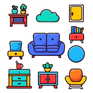 colorful interior design style quiz logo with swiping gesture and different furniture styles sticker