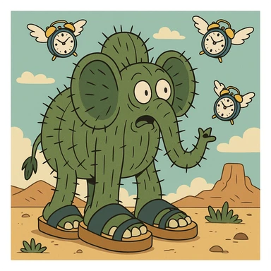 giant cactus elephant wearing huge sandals in a desert with flying alarm clocks in the sky, inspired by Lyriq LaRue from Super Brainrot sticker
