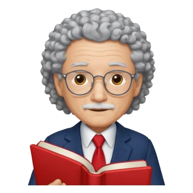 elderly male, curly hair, holding book, wearing suit sticker