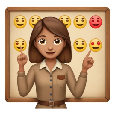 Make an emoji of a Indian origin but fair skinned girl with brown hair who is teaching how to make emojis on a board pointing to the board like a teacher sticker