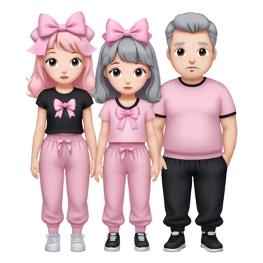 2 person, one girl wearing full pastel pink and lots of bows coquette vibe and cute face, one big buy wearing black pressing shirt and gray baggy sweatpants
 sticker