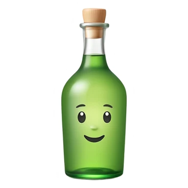 A clean, cute emoji-style green soju bottle, small Korean soju bottle with green glass, simple label in Korean style, minimal flat design, soft shading, centered, white or transparent background, high contrast, rounded friendly emoji look, 1:1 aspect ratio, app icon style sticker