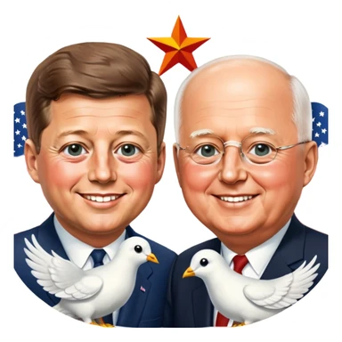 John F. Kennedy and Mikhail Gorbachev side by side, smiling, friendly diplomatic atmosphere, small peace symbol and doves, US and USSR flags as accents sticker