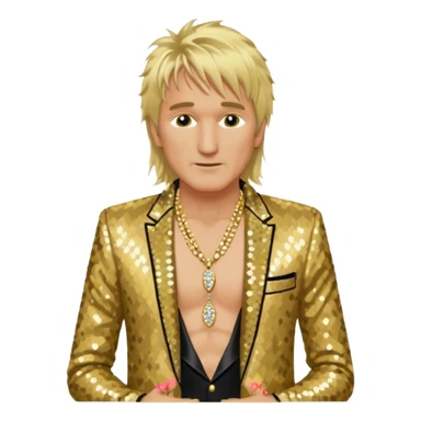 Rod Stewart with long blonde hair, gold sequin suit jacket, shirtless with necklace sticker