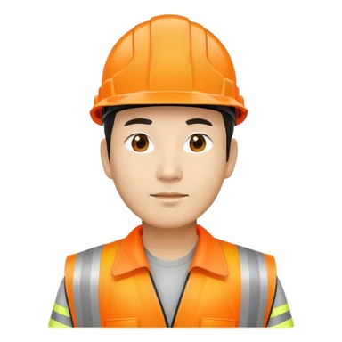 Chinese man wearing orange safety helmet and high visibility vest sticker