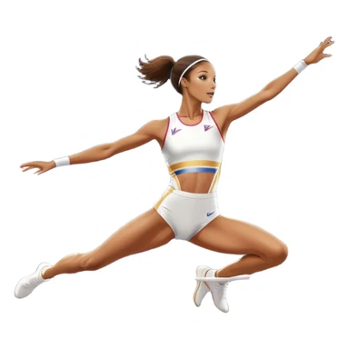 An icon featuring a female high jumper in mid-air, gracefully clearing a bar on a track. She wears a white athletic uniform and appears focused, with the background showcasing a vibrant stadium with cheering spectators and bright lights. Transparent background highlights the elegance  sticker