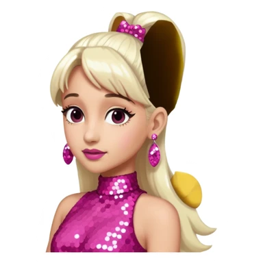 Ariana Grande with long white blonde ponytail hair, dark pink sequin dress, pink earrings sticker