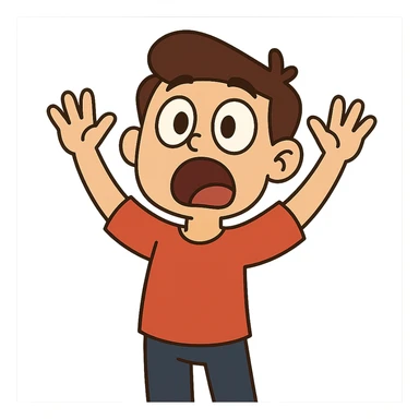 flat toon style character with big eyes and mouth open, hands up, 'aahh' expression sticker