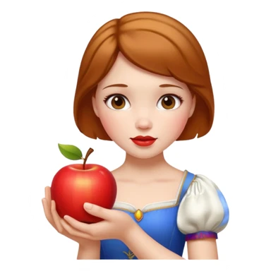 Create an emoji of Snow White holding a red apple, with short golden-brown hair. sticker