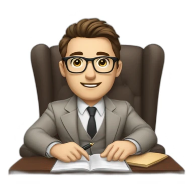Pale skinned Fit Man With dark brown hair in gray jacket, beige office shirt, Brown pants and vintage glasses sitting In a soft chair with a notebook with emblem Ψ and a pen in his hands sticker