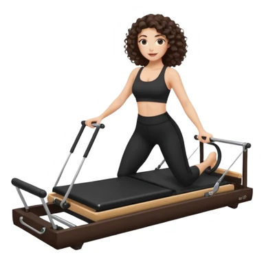 brunette,curly hair shoulder length,turkish,beautiful,with some eyelined eyes, 3b girl doing reformer pilates with black pilates cutesy set,on reformer machine,making different moves.just one person sticker
