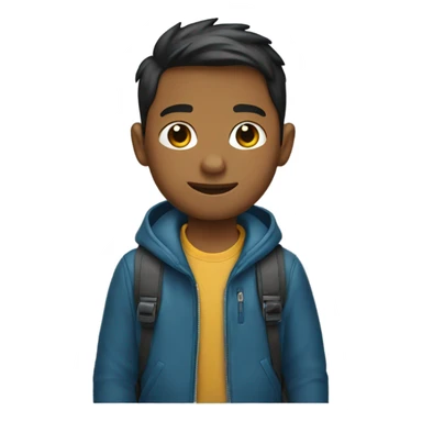 Boy wearing jacket and backpack sticker