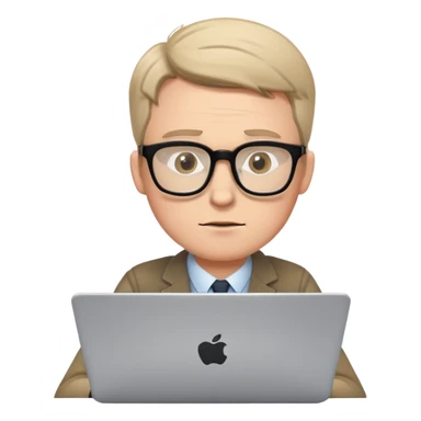 white male journalist typing on a laptop, wearing glasses, focused expression sticker