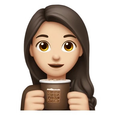 white girl with dark brown long hair and a hot chocolate sticker