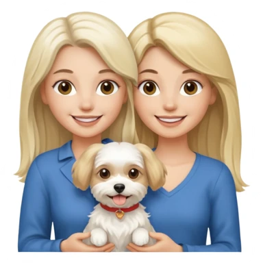 two women holding one Maltese dog one is brunette the other is blonde long haired  sticker