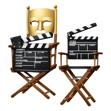 Icon for Acting: a theatrical mask, stage lights, a director’s chair, a script, a vintage film camera and a clapperboard, representing the craft of acting in theater and film. The design should reflect creativity, performance, and storytelling. Transparent background. sticker