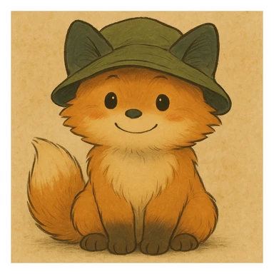 A cute, fluffy fox with a round head in the style of Studio Ghibli, wearing a hat. sticker