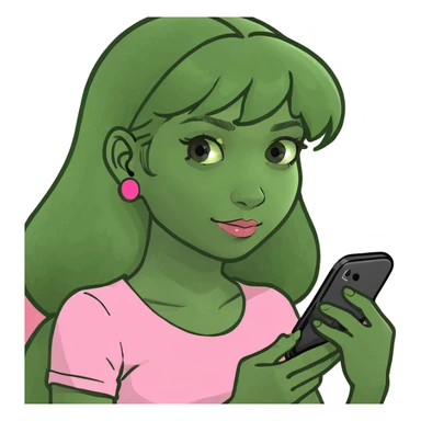 kawaii girl scrolling on pink cell phone sticker