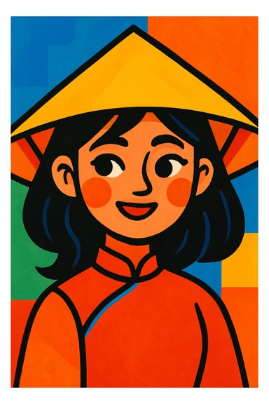 portrait of a Vietnamese girl, vibrant cartoon style, colorful, lively, expressive sticker