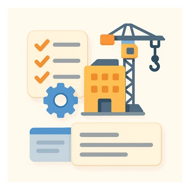 Flat emoji-style illustration of a software registry for a construction company. Includes a checklist/database icon, small gear/settings symbol, building/crane for construction theme, and a simplified UI card with lines for descriptions. Rounded shapes, soft shadows, friendly color palette. Clear, professional, and approachable sticker