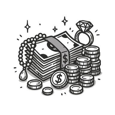 Make the stack of money look richer, add gold coins, jewelry, and a luxurious feel. The original style is doodle style, but doodle style does not support editing, so please keep the luxurious feel consistent with doodle style. sticker