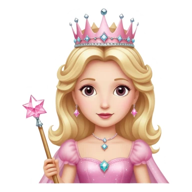 Glinda the Good Witch with blonde hair, sparkly crown, pink puffy dress, and magic wand sticker