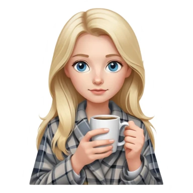 girl
blue eyes
long blond hair
wearing grey plaid housecoat
holding a white mug of coffee
wearing rose gold apple watch  sticker