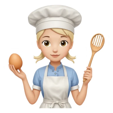 Young female pastry chef - ponytail, apron, wearing a white hat, holding an egg beater in her right hand, and naturally hanging her left hand to her side sticker