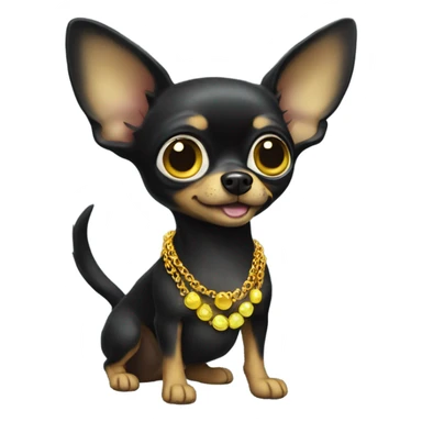 Black chihuhua, with big eyes and a yellow necklace sticker